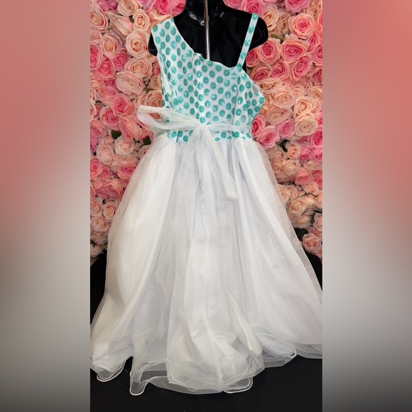Little Girls White with Aqua Mint Bodice Dress Size 12 # M912 - Picture 10 of 11